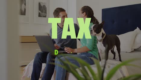 Animation-of-tax-day-text-over-diverse-couple-using-laptop