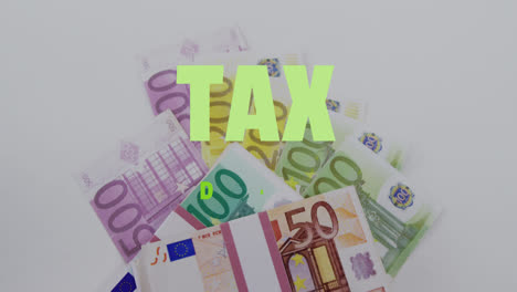 Animation-Des-Textes-Zum-Steuertag-über-Euro-Banknoten-Auf-Weißem-Hintergrund