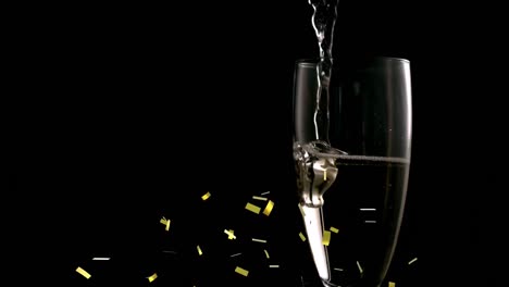Animation-of-falling-confetti-over-glass-of-champagne-on-dark-background