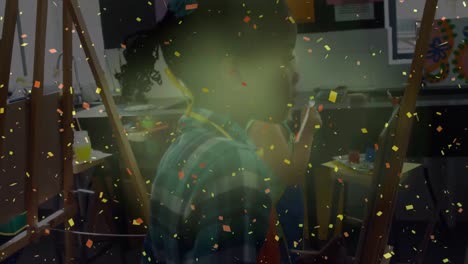 Animation-of-falling-confetti-over-diverse-group-of-children-art-class