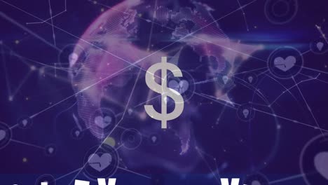 Dollar-symbol-and-network-of-connections-against-spinning-globe-on-purple-background