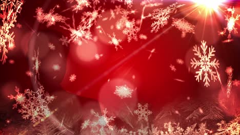 Animation-of-snow-falling-and-light-spots-at-christmas-on-red-background