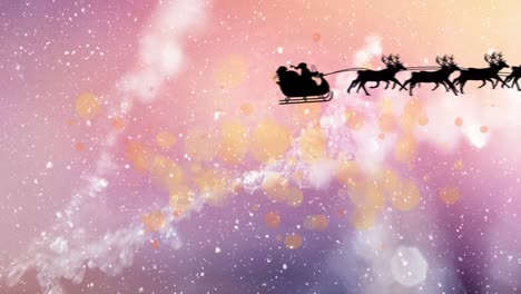 Animation-of-snow-falling-over-santa-claus-in-sleigh-with-reindeer-and-light-spots-at-christmas