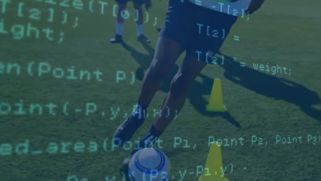 Data-processing-against-african-american-male-soccer-player-practicing-on-sports-field