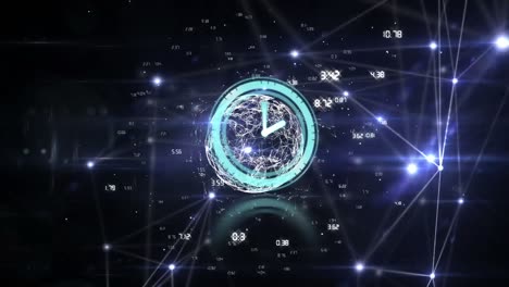 Animation-Der-Uhr,-Die-Sich-über-Den-Globus-Bewegt,-Und-Netzwerk-Von-Verbindungen