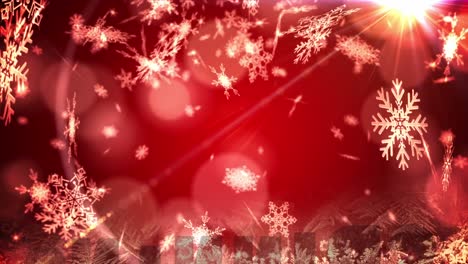 Animation-of-snow-falling-and-light-spots-at-christmas-on-red-background