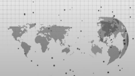 Animation-Von-Punkten,-Die-Sich-über-Die-Weltkarte-Bewegen,-Und-Rotierendem-Globus-Auf-Grauem-Hintergrund