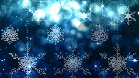 Animation-of-snow-falling-and-light-spots-at-christmas-on-blue-background