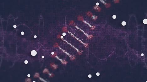 Weiße-Flecken-Und-DNA-Struktur,-Die-Sich-über-Digitale-Wellen-Vor-Blauem-Hintergrund-Dreht
