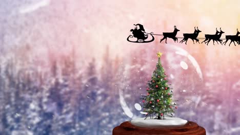 Animation-of-santa-claus-in-sleigh-with-reindeer-over-snow-globe-with-christmas-tree