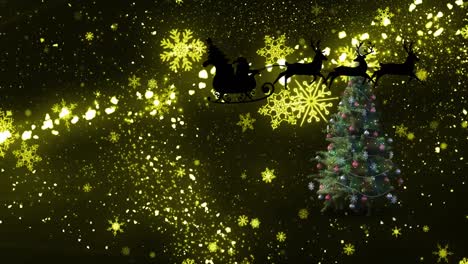 Animación-De-Nieve-Cayendo-Sobre-Papá-Noel-En-Trineo-Con-Renos-Y-árbol-De-Navidad.