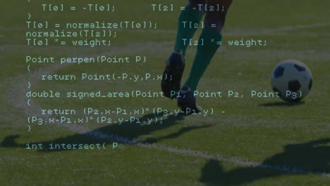 Data-processing-against-low-section-of-team-of-male-soccer-players-playing-football-on-sports-field