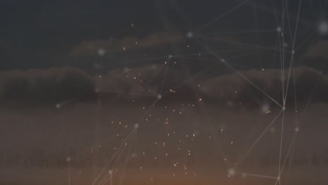 Animation-of-snow-falling-over-network-of-connections-and-sky-with-clouds