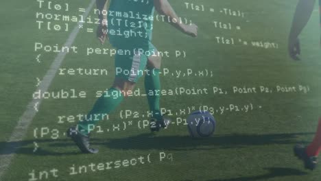 Data-processing-against-low-section-of-team-of-male-soccer-players-playing-football-on-sports-field