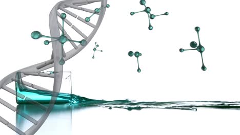 Animation-Eines-DNA-Strangs-über-Molekülen-Und-Eines-Bechers-Mit-Flüssigkeit-Auf-Weißem-Hintergrund