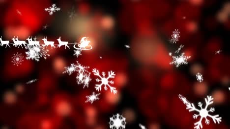 Animation-Von-Schnee,-Der-über-Den-Weihnachtsmann-Im-Schlitten-Mit-Rentieren-Und-Lichtflecken-Zu-Weihnachten-Fällt