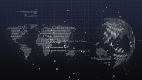 Animation-of-dots-and-data-processing-over-world-map-and-rotating-globe-on-navy-background