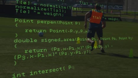 Data-processing-against-african-american-male-soccer-player-practicing-soccer-on-sports-field