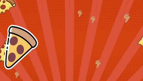 Animation-of-pizza-icons-over-over-stripes-on-red-background
