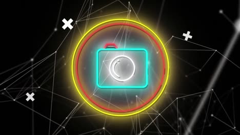 Network-of-connections-over-neon-camera-icon-against-black-background