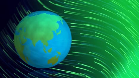 Animation-of-globe-over-light-trails-on-green-background