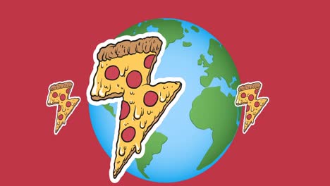 Animación-De-Iconos-De-Pizza-Sobre-El-Mundo-Sobre-Fondo-Rojo.