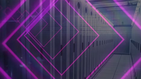 Animation-of-tunnel-with-neon-shapes-over-data-processing-and-server-room