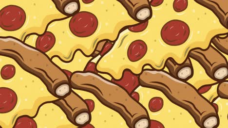 Animation-of-pizza-icons-over-over-stripes-on-yellow-background