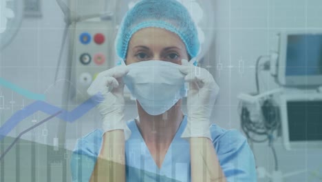 Statistical-data-processing-against-portrait-of-caucasian-female-surgeon-wearing-surgical-mask