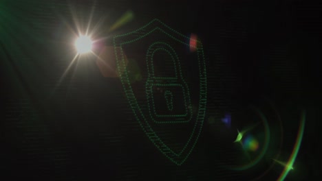 Animation-of-shield-with-digital-padlock-on-black-background