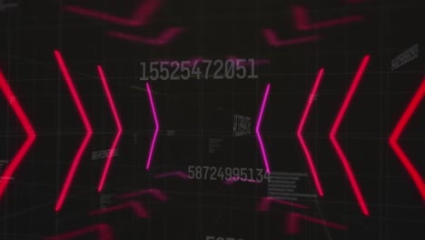 Animation-Eines-Tunnels-Mit-Neonformen-über-Datenverarbeitung-Auf-Schwarzem-Hintergrund