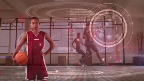 Animation-of-dna-strand-and-data-processing-over-biracial-female-basketball-player