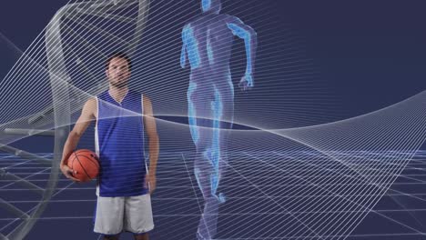 Animation-of-dna-strand-and-running-human-body-over-caucasian-male-basketball-player