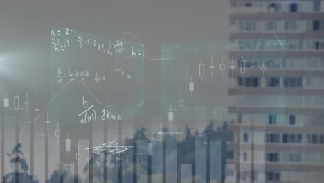 Animation-of-financial-data-processing-and-mathematical-equations-over-cityscape
