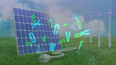 Animation-of-data-processing-and-letters-over-wind-turbines-and-solar-panel