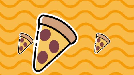 Animation-of-pizza-icons-over-over-waves-on-yellow-background