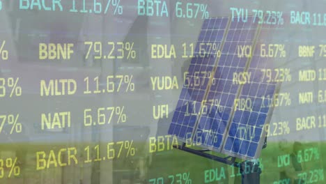 Animation-of-stock-market-and-diverse-business-people-over-solar-panel
