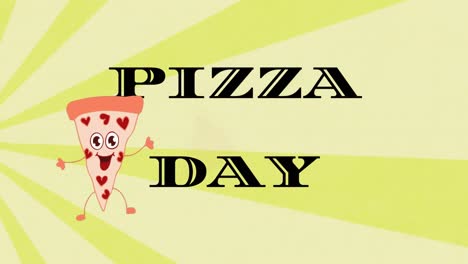Animation-of-pizza-day-text-and-pizza-icons-over-over-stripes-on-yellow-background