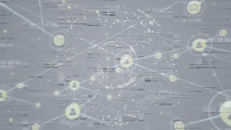 Animation-of-globe-made-of-connections-over-connections-with-icons-on-grey-background