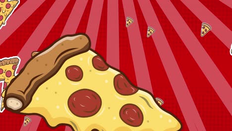 Animation-Von-Pizza-Symbolen-über-Streifen-Auf-Rotem-Hintergrund