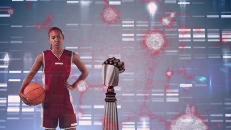 Animation-of-dna-strand-and-robot's-hand-over-biracial-female-basketball-player
