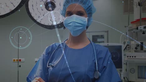 Network-of-connections-against-portrait-of-caucasian-female-surgeon-in-operation-theatre-at-hospital