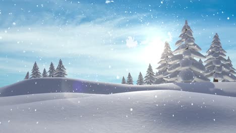 Animation-of-santa-claus-in-sleigh-with-reindeer-moving-over-winter-landscape-at-christmas