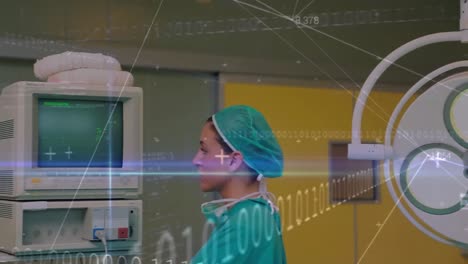 Animation-of-data-processing-over-biracial-female-surgeon-inspecting-computer