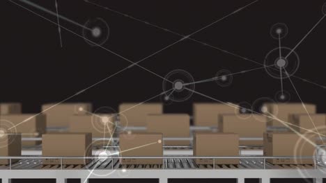 Animation-of-network-of-connections-over-boxes-on-conveyor-belt