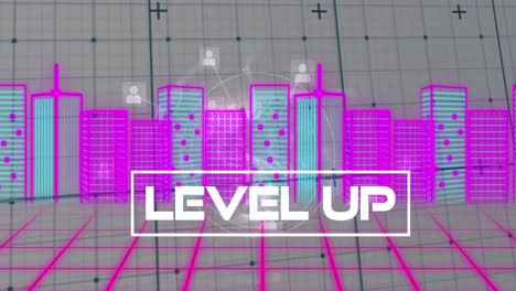 Animation-of-level-up-text-over-digital-cityscape-and-globe