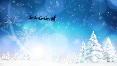 Animation-of-santa-claus-in-sleigh-with-reindeer-moving-over-winter-landscape-at-christmas