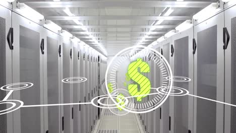 Animation-of-dollars-in-circles-floating-over-servers