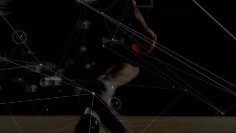 Animation-Des-Netzwerks-Von-Verbindungen-Und-Datenverarbeitung-über-Einen-Biracial-Basketballspieler