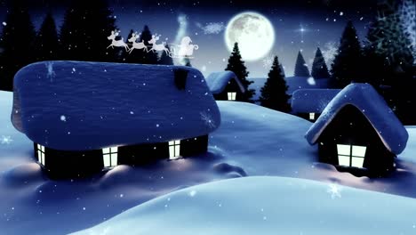 Animation-of-snow-falling-over-christmas-santa-claus-in-sleigh-with-reindeer-and-winter-scenery